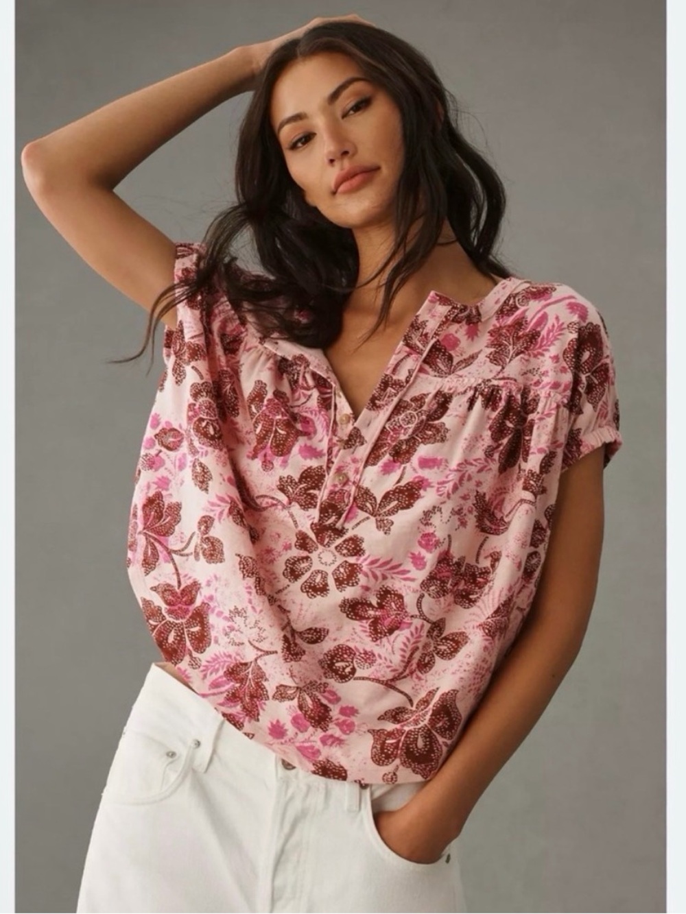 Anthropologie Pilcro Pink Floral Ruched Henley Buttons Oversized Top Sz XS